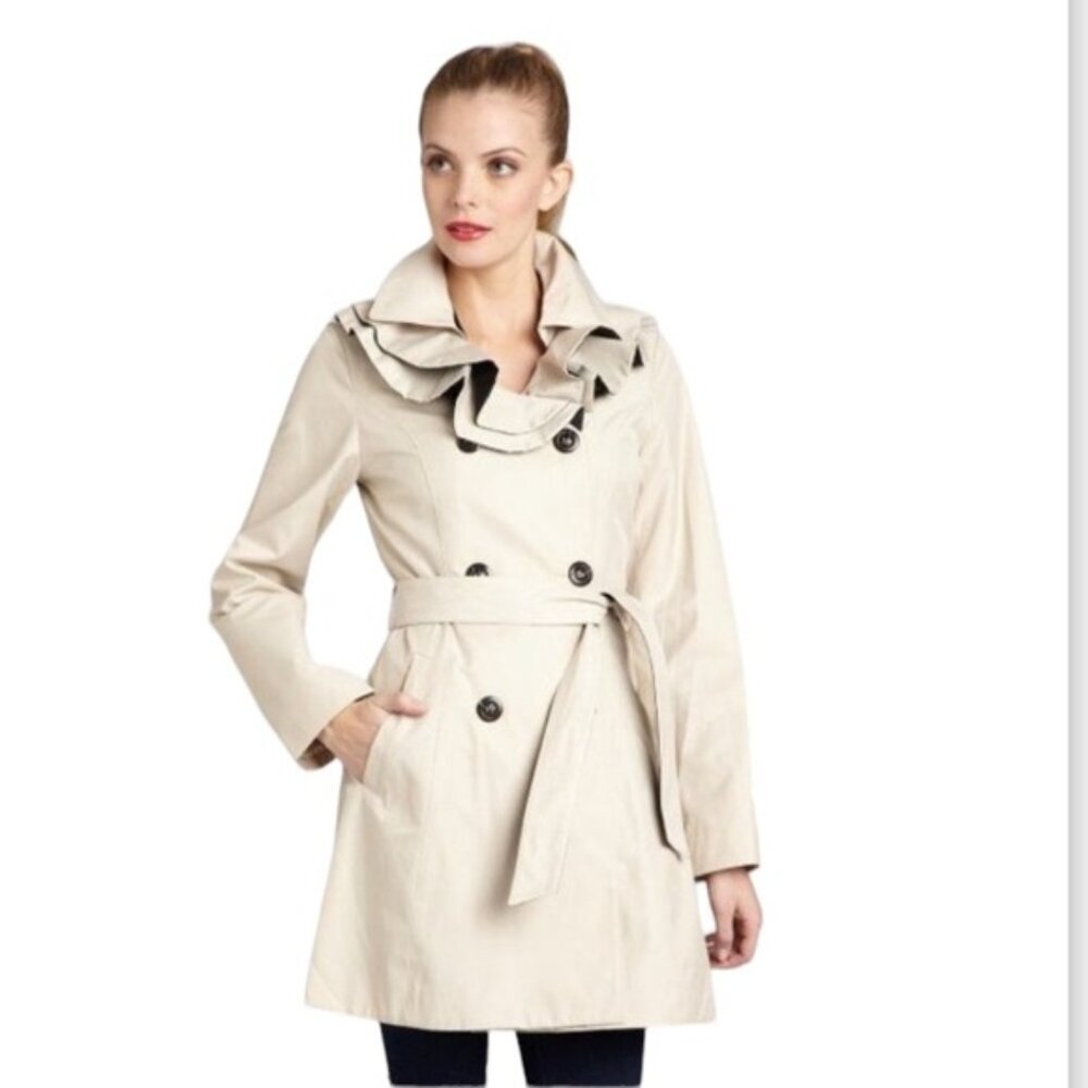 Betsey Johnson Ruffle Trench Lightweight Double Breasted Coat Cotton Tan Belt L